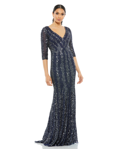 Mac Duggal Three-quarter Sleeve Embellished Gown In Midnight