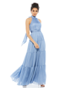 Mac Duggal Tie Neck Tiered Halter Gown In Slate Blue