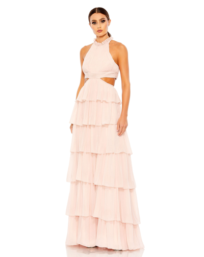 Ieena For Mac Duggal Tiered Ruffle Pleated High Neck Ball Gown In Blush