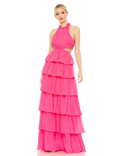 Ieena For Mac Duggal Tiered Ruffle Pleated High Neck Ball Gown In Hot Pink
