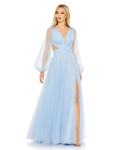 Mac Duggal Tulle Puff Sleeve Cut Out Lace Up A Line Gown In Ice Blue