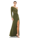 Mac Duggal Twist Front Embellished Sleeve Jersey Gown In Olive
