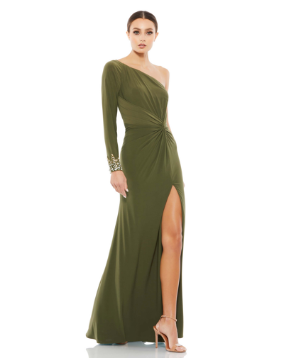 Mac Duggal Twist Front Embellished Sleeve Jersey Gown In Olive