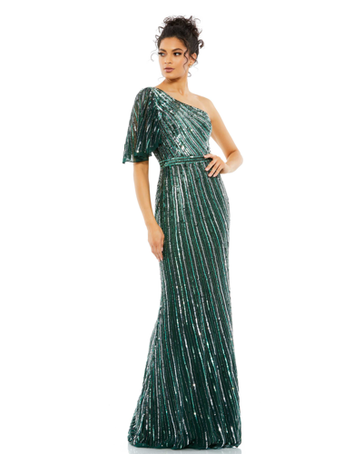 Mac Duggal Two Tone Sequined One Shoulder Trumpet Gown In Iridescent Green