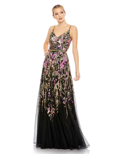 Mac Duggal V Neck Floral Embellished Spaghetti Strap Gown In Black Multi