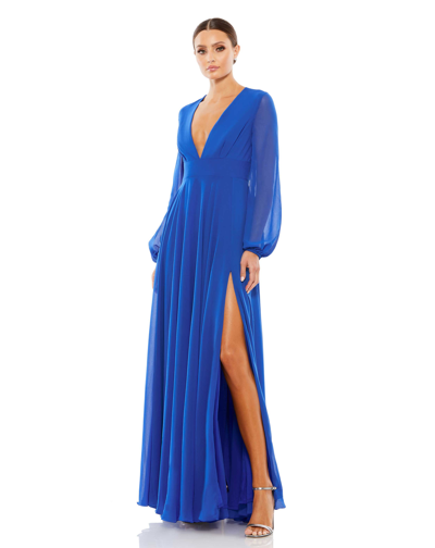 Mac Duggal V-neck Illusion Long Sleeve Chiffon Gown In Sapphire