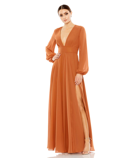 Mac Duggal V-neck Illusion Long Sleeve Chiffon Gown In Terra Cotta