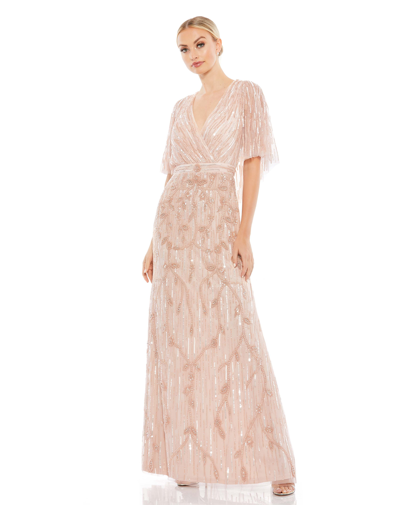 Mac Duggal Wrap-front Beaded Cape Gown In Blush
