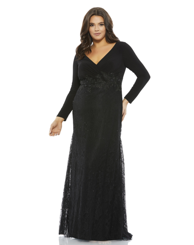 MAC DUGGAL BLACK WRAP OVER LONG SLEEVE LACE APPLIQUE TRUMPET GOWN (PLUS)