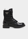 PRADA MEN'S NYLON & LEATHER TRIANGLE LOGO COMBAT BOOTS