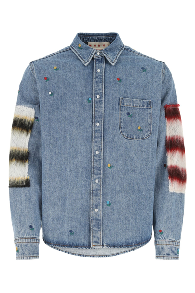 Marni Mohair-blend Trimmed Embroidered Denim Shirt In Blue