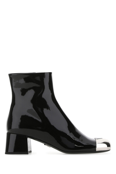 Prada Black Patent Leather Ankle Boots With Metal Toe Caps