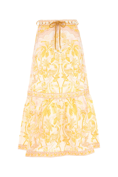 Zimmermann Lyre Belted Tiered Shell-embellished Printed Linen Midi Skirt In Yellow