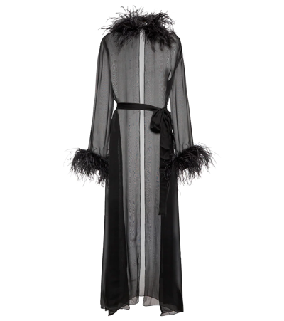 Oseree Plumage Feather-trimmed Chiffon Dressing Gown In Negro