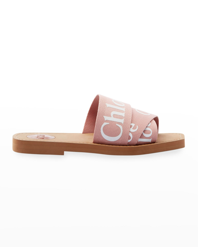 Chloé Woody Flat Logo Ribbon Slide Sandals In Light Pink