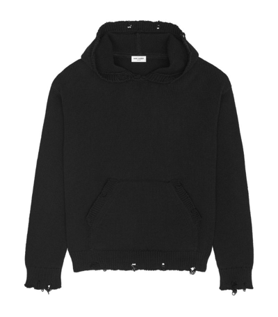 Saint Laurent Distressed Knitted Hoodie In Noir