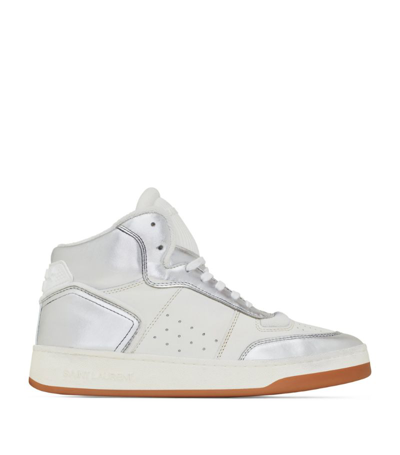 Saint Laurent Mid Top Metallic Overlay Sneaker In White Argent