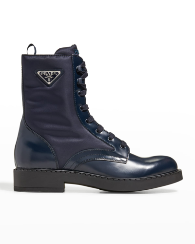 Prada Men's Nylon & Leather Triangle Logo Combat Boots In Bleu