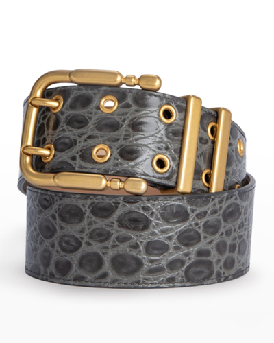 By Far Double Grommet Croc-embossed Leather Belt In Cement