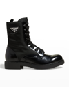 PRADA MEN'S NYLON & LEATHER TRIANGLE LOGO COMBAT BOOTS