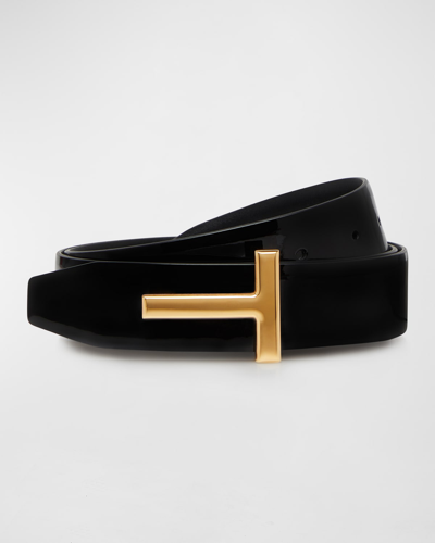 Tom Ford T Buckle Patent To Smooth Leather Belt In Black
