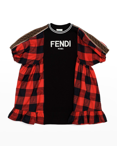 Fendi Kids' Girl's Mixed-prints Logo Text Dress In Nero