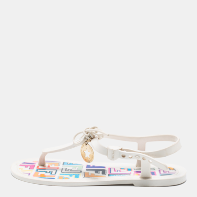 Pre-owned Fendi White Jelly Logo Charm Sunny Thong Flat Sandals Size 36