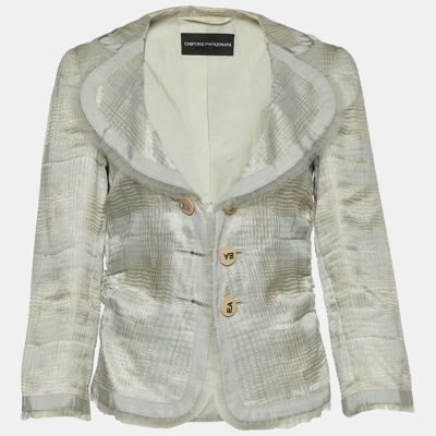 Pre-owned Emporio Armani Grey Checked Linen Blend Ruffle Detail Jacket M