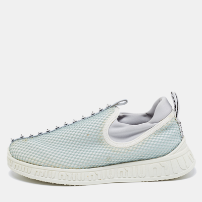 Pre-owned Miu Miu Sea Green/grey Mesh And Neoprene Crystal Embellished Slip-on Sneakers Size 37