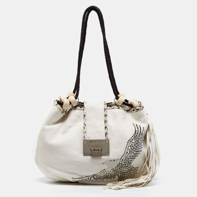 Pre-owned Jimmy Choo White Embellished Leather And Python Trim Beaded Drawstring Hobo