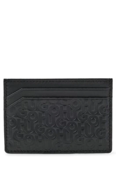 Hugo Leather Card Holder With All-over Stacked Logos In Black