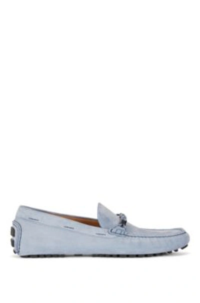 Hugo Boss Suede Slip-on Moccasins With Branded Cord Trim- Light Blue Men's Casual Shoes Size 8