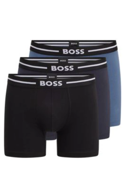 Hugo Boss Three-pack Of Stretch-cotton Boxer Briefs With Logo Waistbands- Patterned Men's Underwear And Nightw In Black