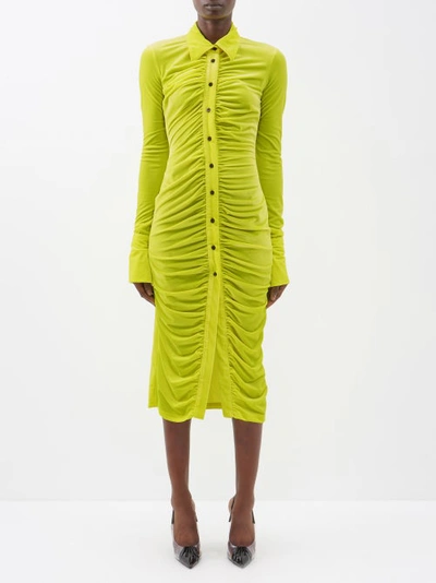 Richard Quinn Ruched Neon Stretch-velvet Midi Shirt Dress In Yellow