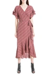 Maxstudio Ruffle Crepe High/low Wrap Midi Dress In Berry Pop Daisy Lattice