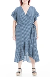 Maxstudio Short Sleeve Wrapped Midi Dress In Sapphire/ Mineral Print