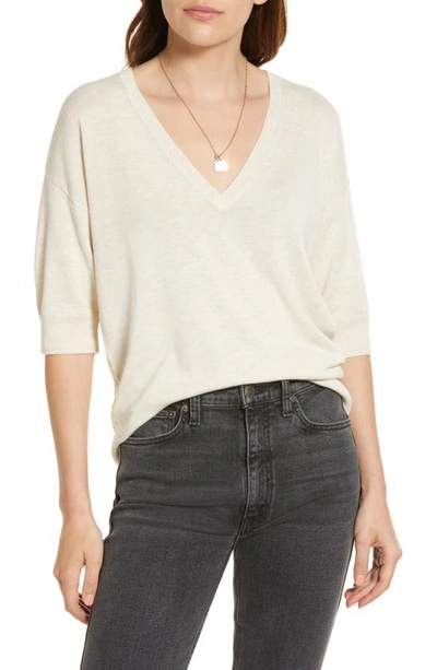 Treasure & Bond V-neck Short Sleeve Sweater In Beige Oatmeal Light Heather