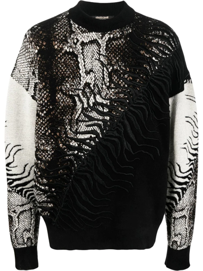 Roberto Cavalli Snakeskin-print Panelled Sweatshirt In Black