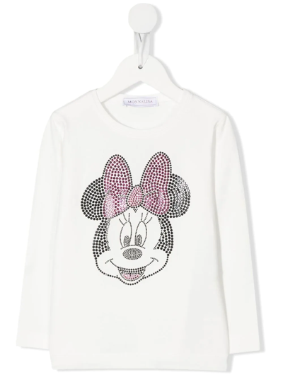 Monnalisa Minnie-motif Rhinestone T-shirt In Cream