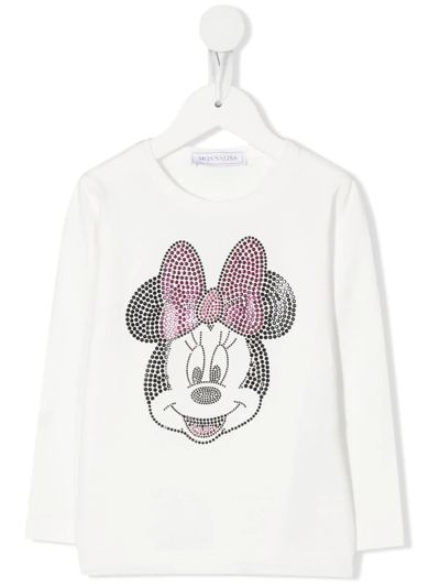 Monnalisa Kids' Minnie-motif Rhinestone T-shirt In Cream