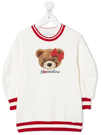 Monnalisa Teddy Bear Rhinestone Sweater In Cream
