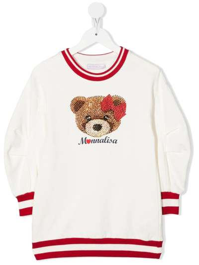 Monnalisa Kids' Teddy Bear Rhinestone Sweater In Cream
