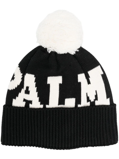 Palm Angels Logo Wool Blend Knit Beanie W/ Pompom In Black