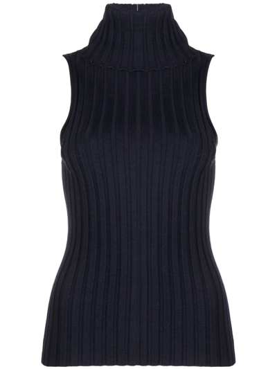 There Was One Roll-neck Sleeveless Ribbed-knit Top In Blue
