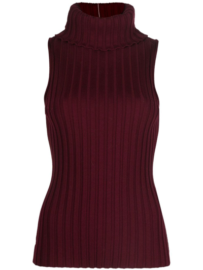 There Was One Roll-neck Sleeveless Ribbed-knit Top In Red