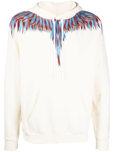 Marcelo Burlon County Of Milan Ivory-coloured Cotton Wings Hoodie In Beige,red,light Blue