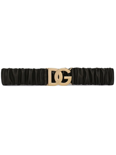 Dolce & Gabbana Dg-logo Ruched Leather Belt In Schwarz
