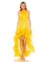 Mac Duggal Ruffle Tiered High Low Pleated Halter Neck Gown In Gold