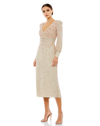 Mac Duggal Sequin Long Sleeve Body-con Midi Cocktail Dress In Nude