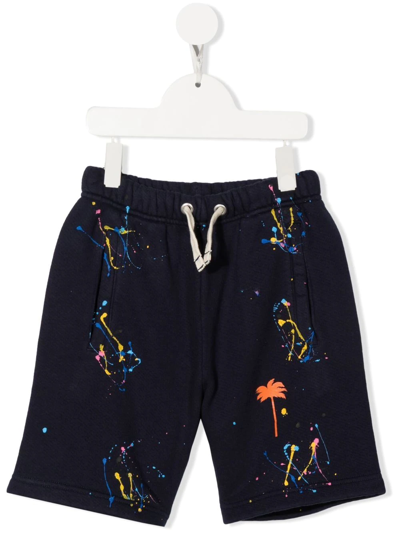 Palm Angels Kids' Paint-splatter Cotton Shorts In Blue